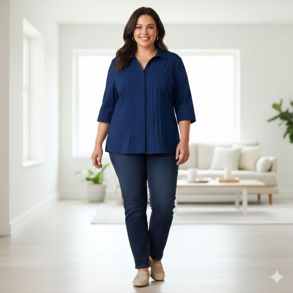 Lafayette 148 Tailored Shirt Women's 20 Button Up Pintuck Detail 3/4 Sleeve Navy - Picture 1 of 12